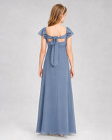 Dusty Blue Chiffon Ruffle Sleeve Junior Bridesmaid Dresses Back View