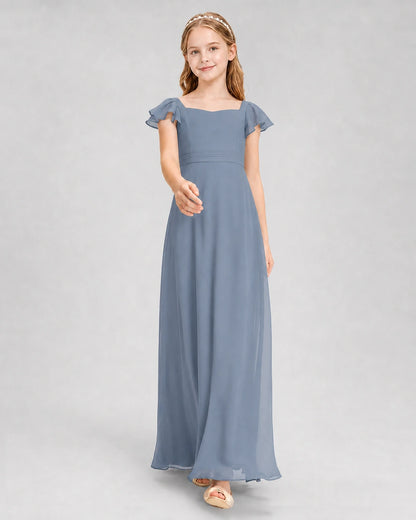 Dideyttawl Square Neck Flutter Sleeve Chiffon Junior Bridesmaid Dress