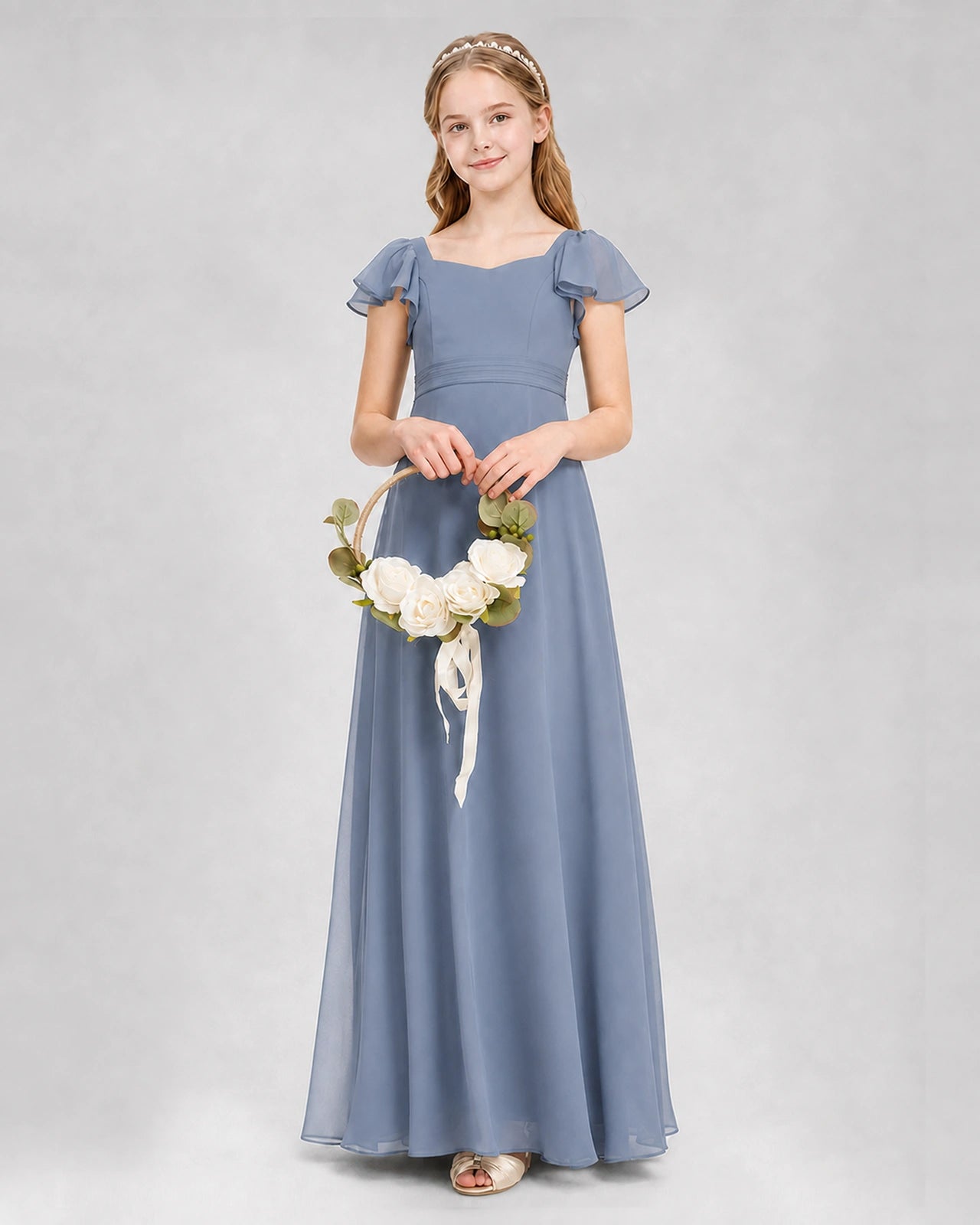 Dideyttawl Square Neck Flutter Sleeve Chiffon Junior Bridesmaid Dress