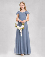 Dusty Blue Chiffon Ruffle Sleeve Junior Bridesmaid Dresses Side View