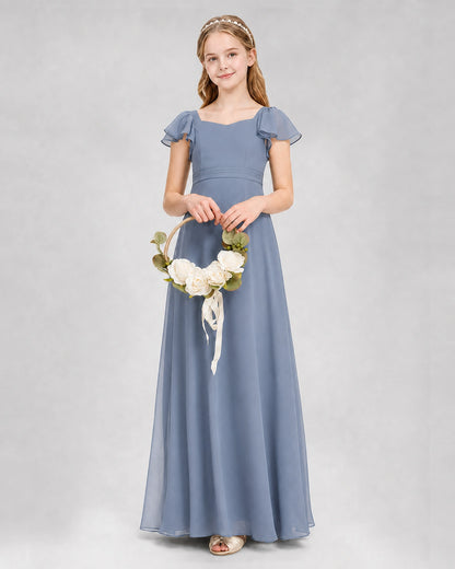 Dideyttawl Square Neck Flutter Sleeve Chiffon Junior Bridesmaid Dress