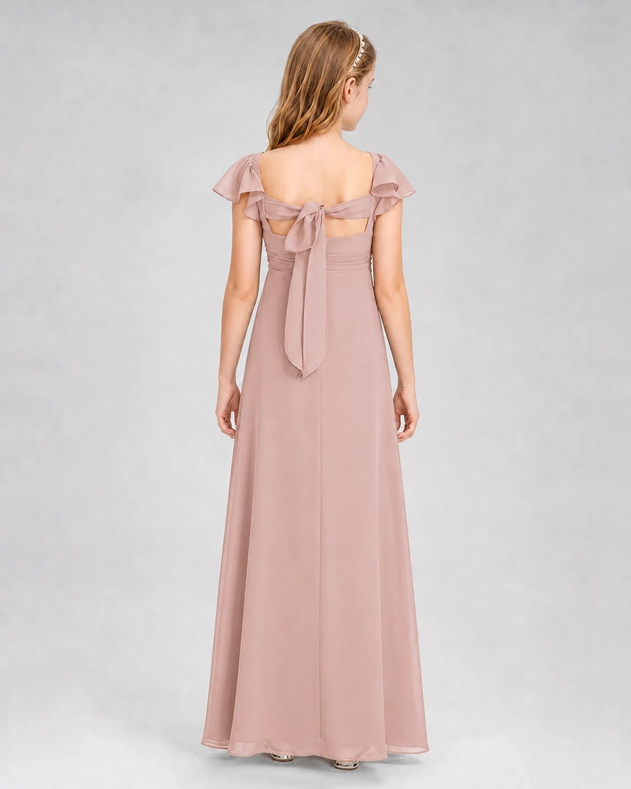 Dideyttawl Square Neck Flutter Sleeve Chiffon Junior Bridesmaid Dress