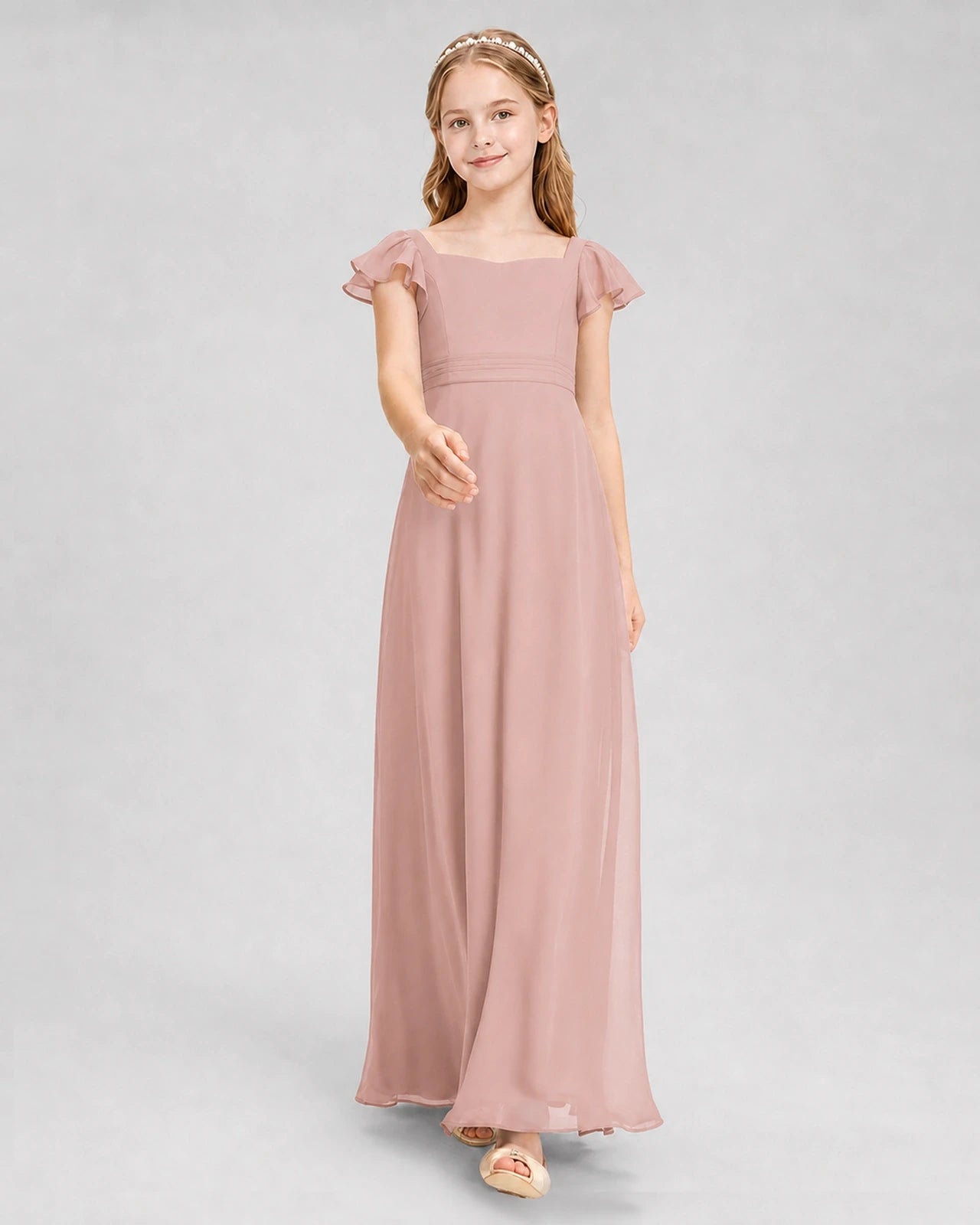 Dideyttawl Square Neck Flutter Sleeve Chiffon Junior Bridesmaid Dress