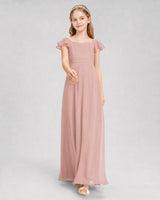 Dusty Rose Chiffon Square Neckline Junior Bridesmaid Dresses Front View