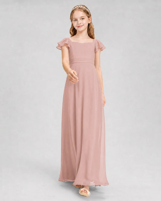Dusty Rose Chiffon Square Neckline Junior Bridesmaid Dresses Front View