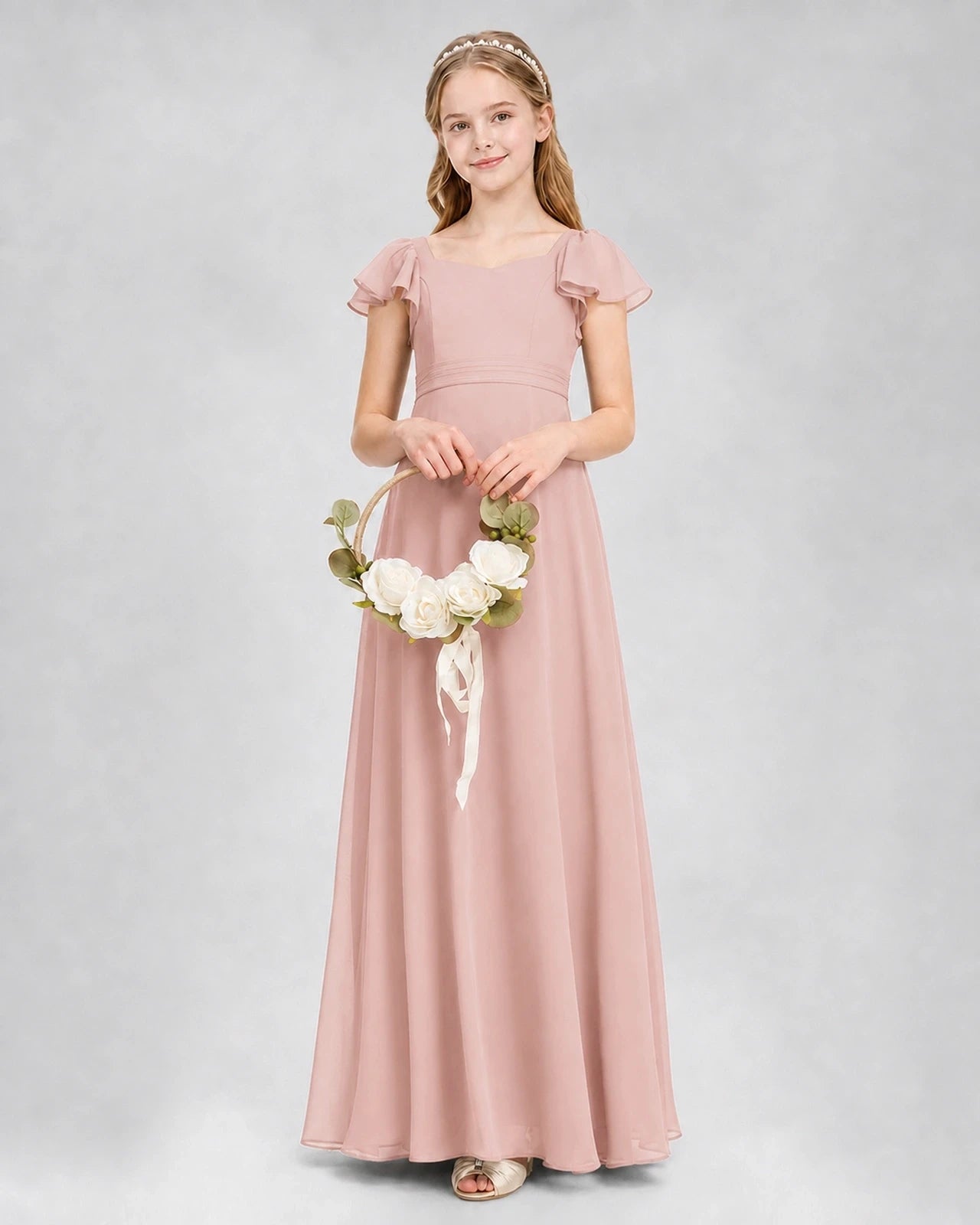 Dideyttawl Square Neck Flutter Sleeve Chiffon Junior Bridesmaid Dress