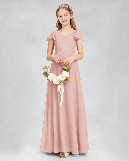 Dideyttawl Square Neck Flutter Sleeve Chiffon Junior Bridesmaid Dress