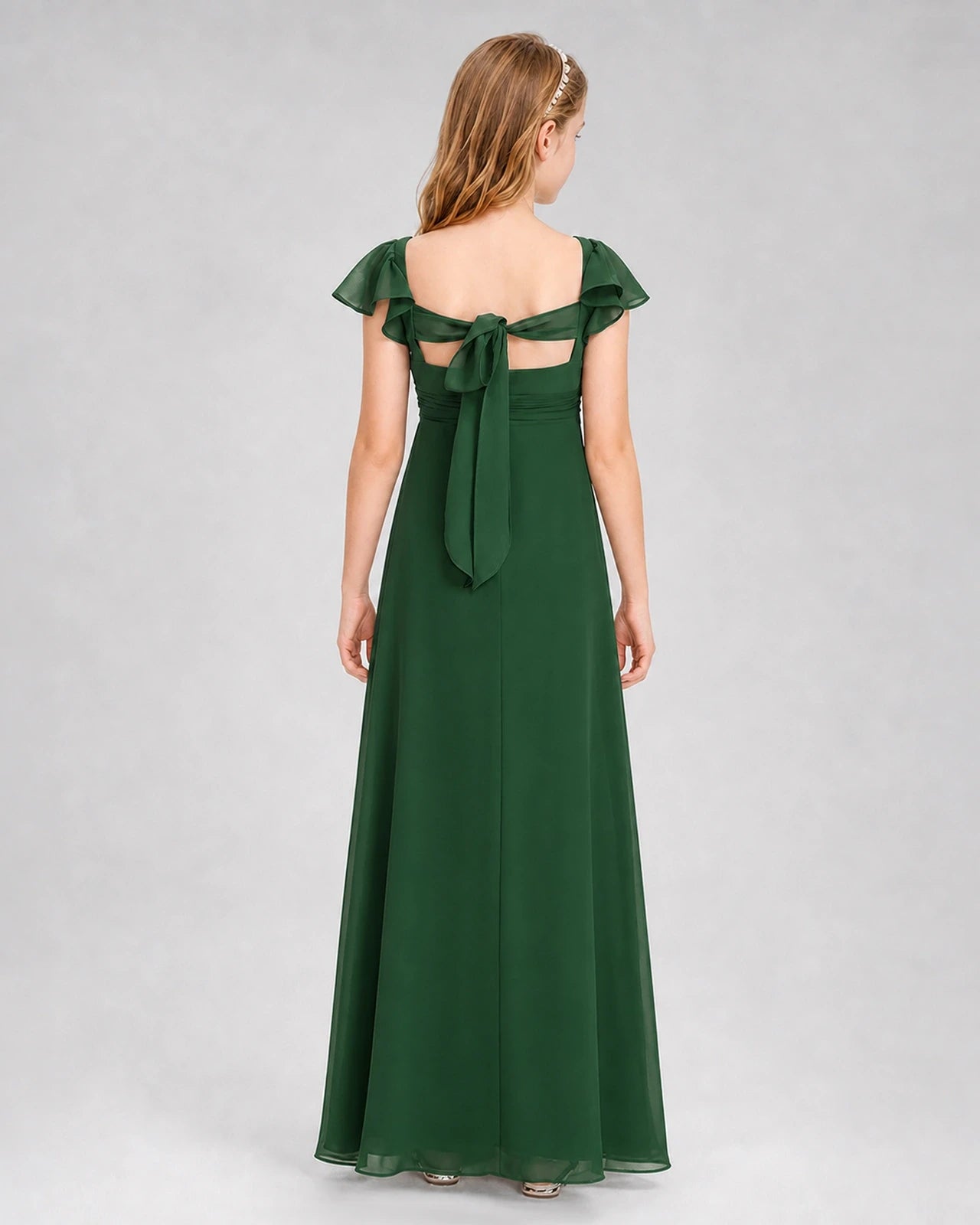 Dideyttawl Square Neck Flutter Sleeve Chiffon Junior Bridesmaid Dress