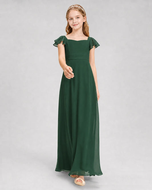 Emerald Green Chiffon A-Line Junior Bridesmaid Dresses Front View