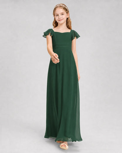 Dideyttawl Square Neck Flutter Sleeve Chiffon Junior Bridesmaid Dress