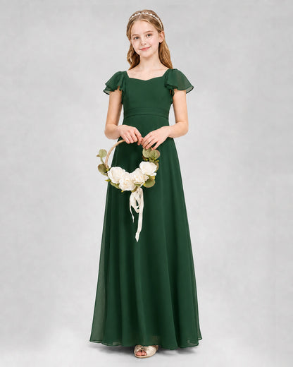 Dideyttawl Square Neck Flutter Sleeve Chiffon Junior Bridesmaid Dress