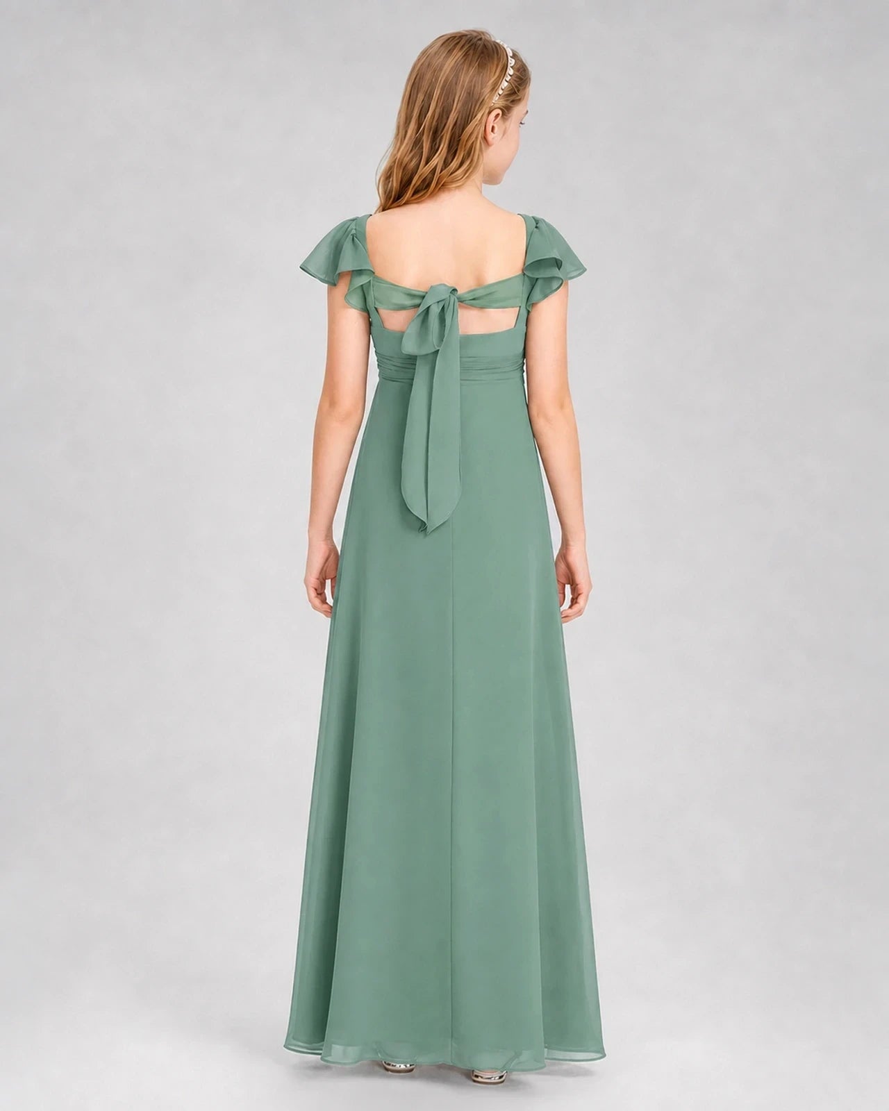Dideyttawl Square Neck Flutter Sleeve Chiffon Junior Bridesmaid Dress