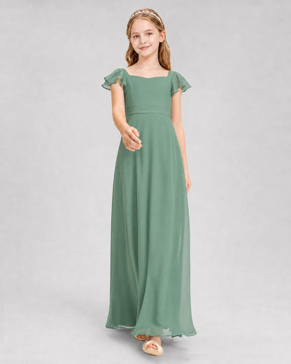 Dideyttawl Square Neck Flutter Sleeve Chiffon Junior Bridesmaid Dress