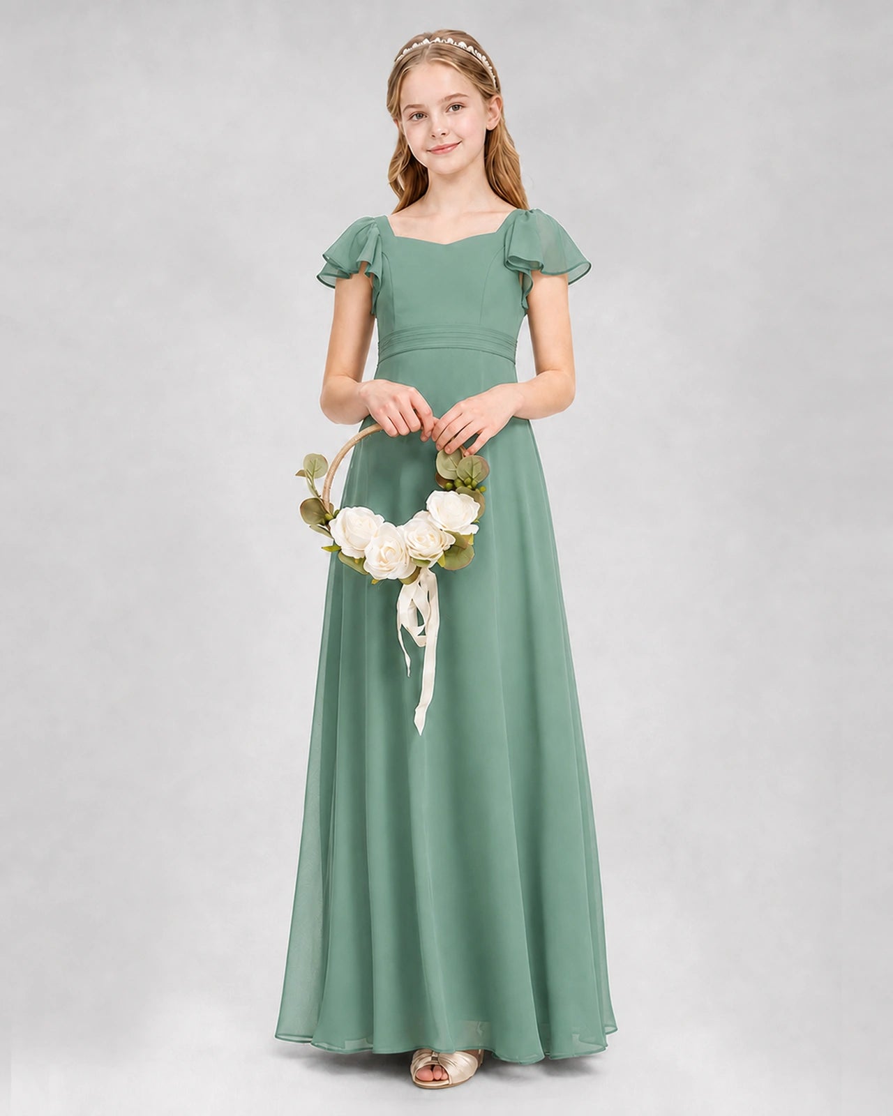 Dideyttawl Square Neck Flutter Sleeve Chiffon Junior Bridesmaid Dress