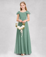Eucalyptus Chiffon Square Neck Junior Bridesmaid Dresses Side View