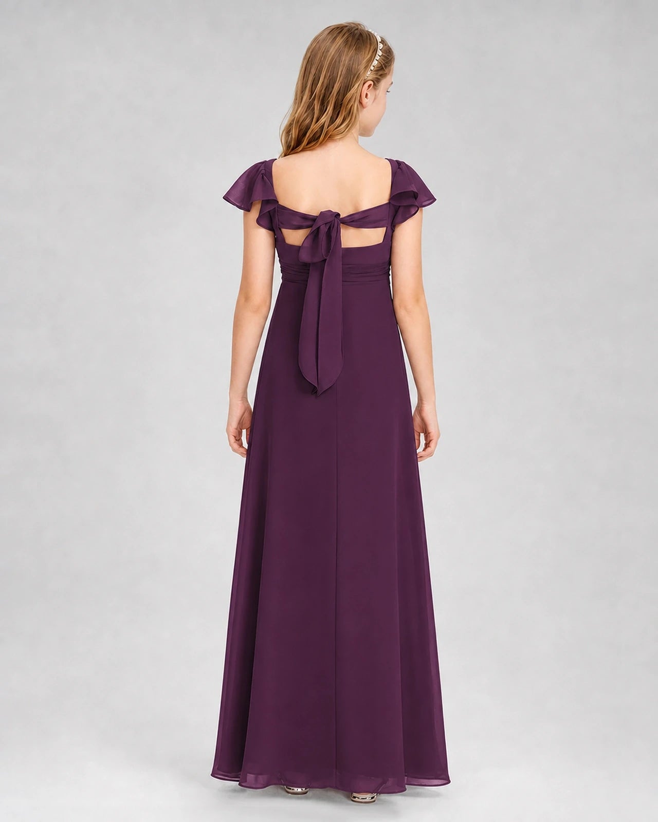 Dideyttawl Square Neck Flutter Sleeve Chiffon Junior Bridesmaid Dress