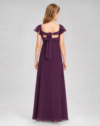 Dideyttawl Square Neck Flutter Sleeve Chiffon Junior Bridesmaid Dress