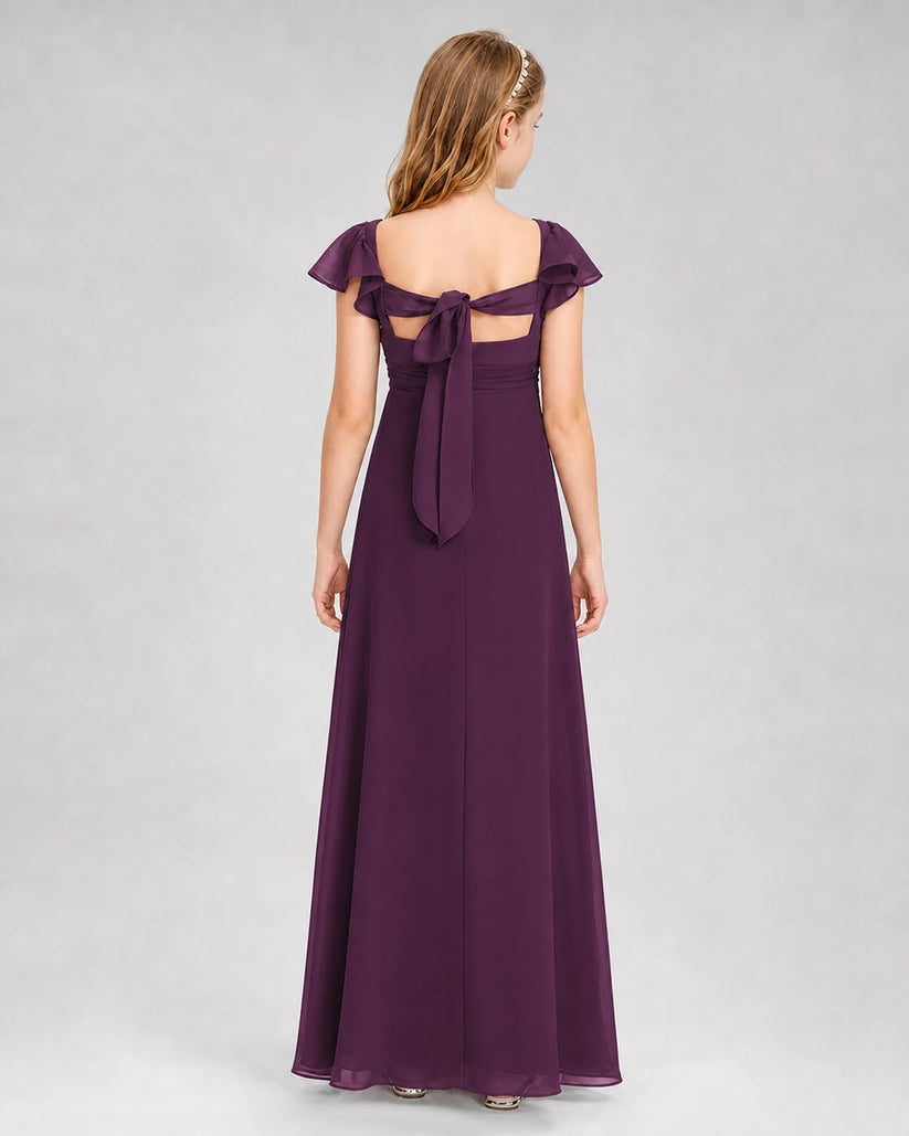 Grape Chiffon Flutter Sleeve Junior Bridesmaid Dresses Back View