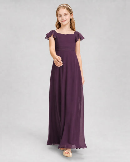 Dideyttawl Square Neck Flutter Sleeve Chiffon Junior Bridesmaid Dress