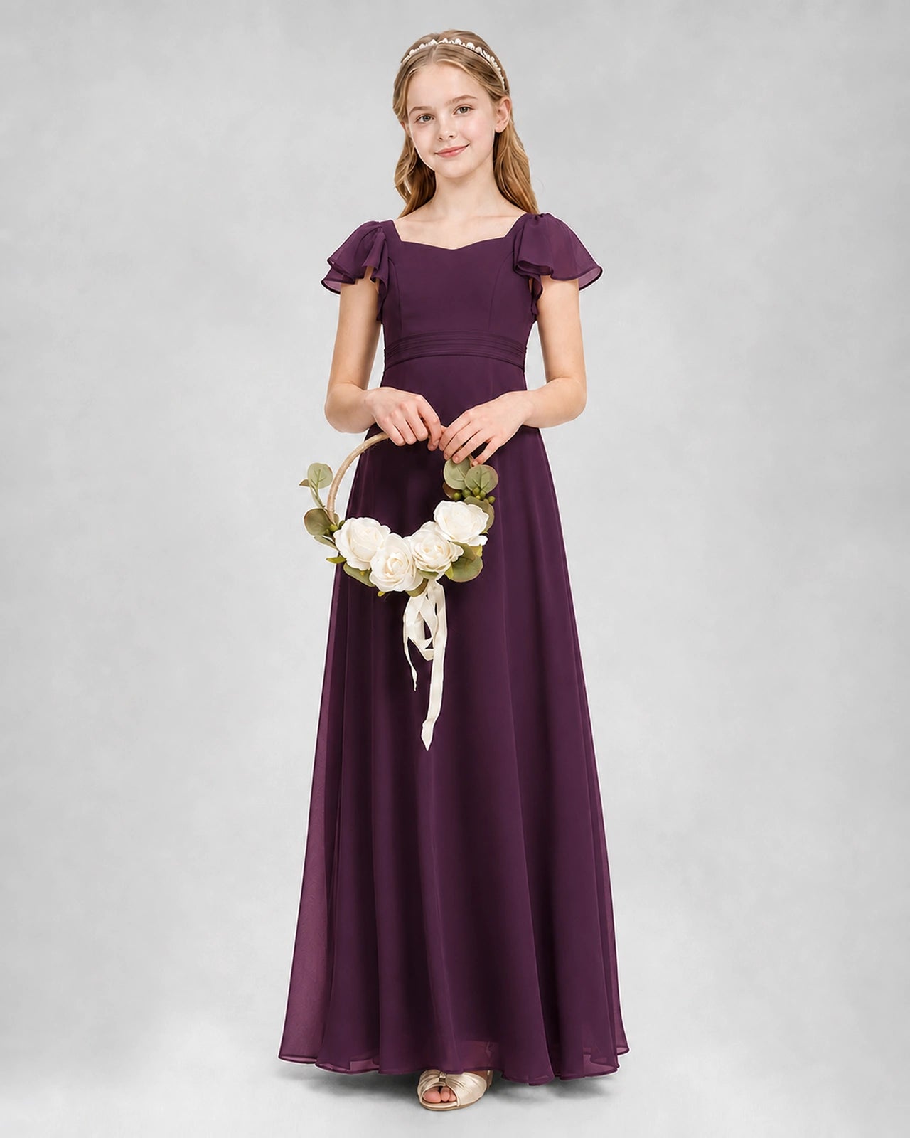 Dideyttawl Square Neck Flutter Sleeve Chiffon Junior Bridesmaid Dress