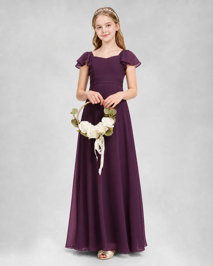 Dideyttawl Square Neck Flutter Sleeve Chiffon Junior Bridesmaid Dress