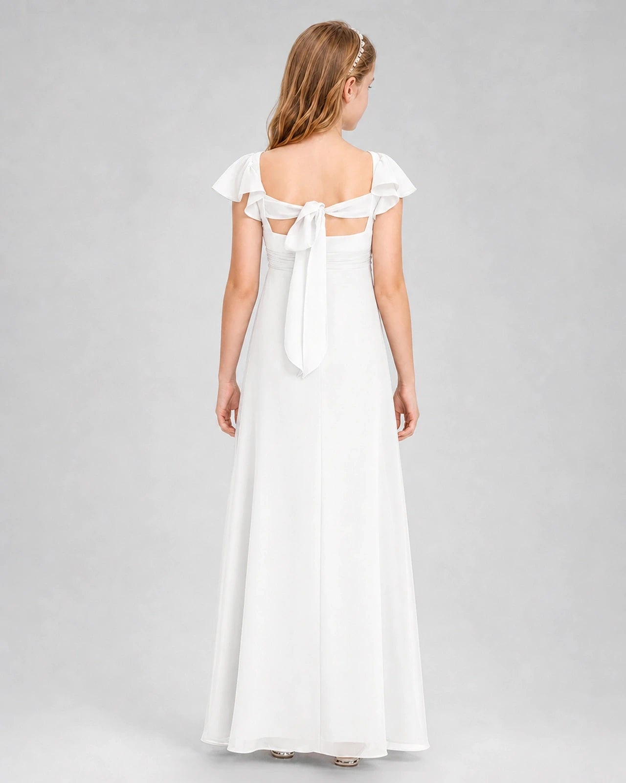 Dideyttawl Square Neck Flutter Sleeve Chiffon Junior Bridesmaid Dress