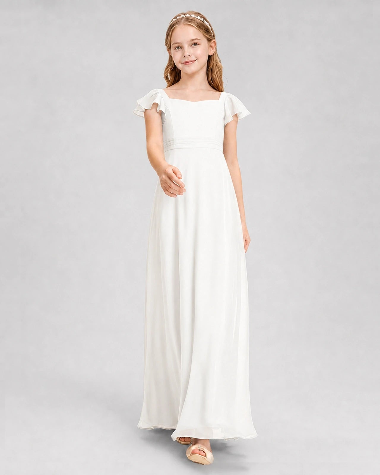 Dideyttawl Square Neck Flutter Sleeve Chiffon Junior Bridesmaid Dress
