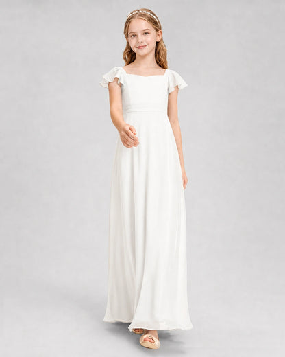 Dideyttawl Square Neck Flutter Sleeve Chiffon Junior Bridesmaid Dress