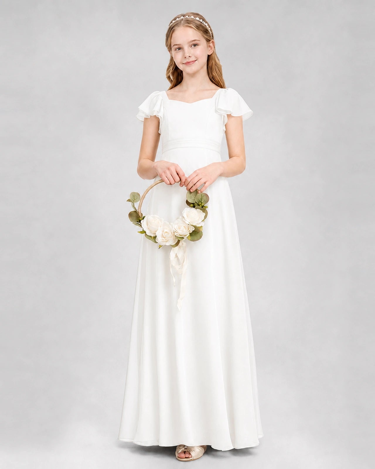Dideyttawl Square Neck Flutter Sleeve Chiffon Junior Bridesmaid Dress