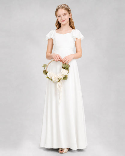 Dideyttawl Square Neck Flutter Sleeve Chiffon Junior Bridesmaid Dress