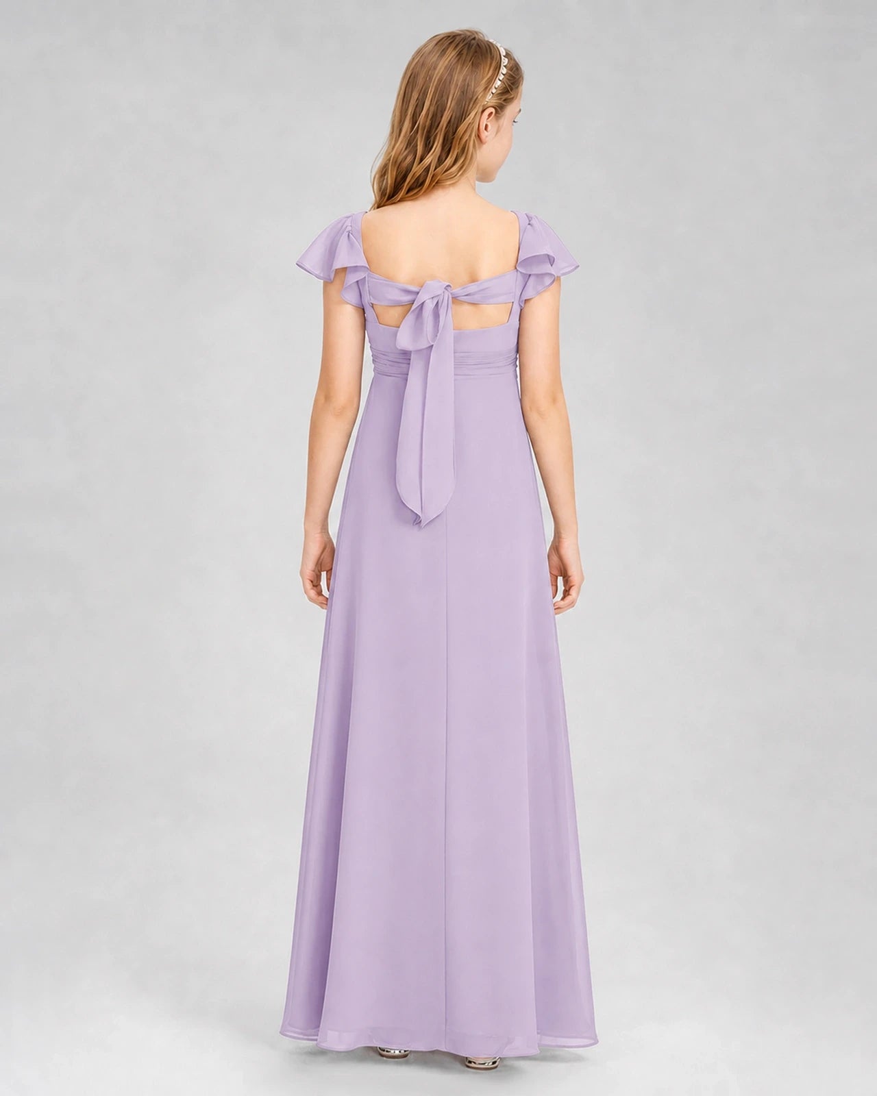 Dideyttawl Square Neck Flutter Sleeve Chiffon Junior Bridesmaid Dress