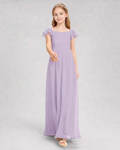 Dideyttawl Square Neck Flutter Sleeve Chiffon Junior Bridesmaid Dress