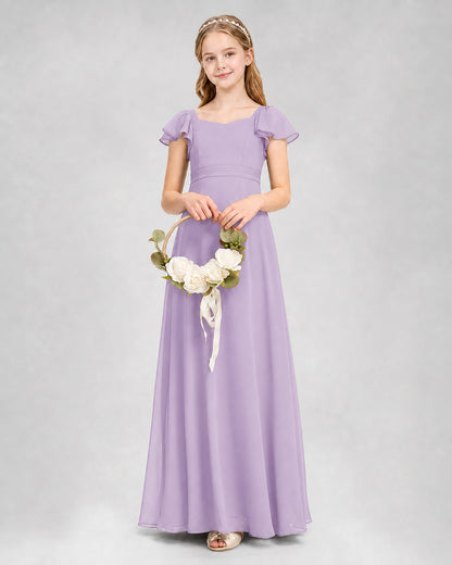 Dideyttawl Square Neck Flutter Sleeve Chiffon Junior Bridesmaid Dress