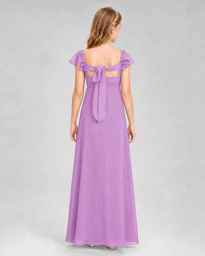 Dideyttawl Square Neck Flutter Sleeve Chiffon Junior Bridesmaid Dress
