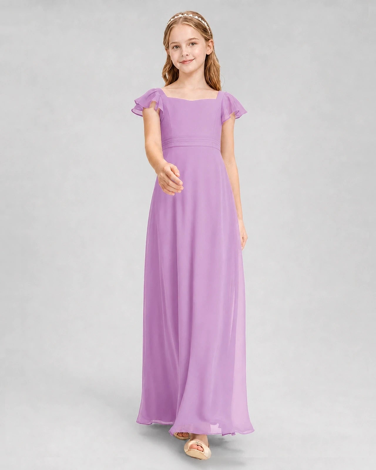Dideyttawl Square Neck Flutter Sleeve Chiffon Junior Bridesmaid Dress