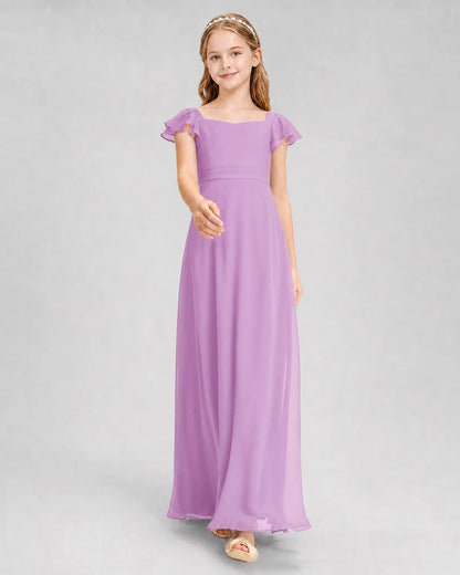 Dideyttawl Square Neck Flutter Sleeve Chiffon Junior Bridesmaid Dress