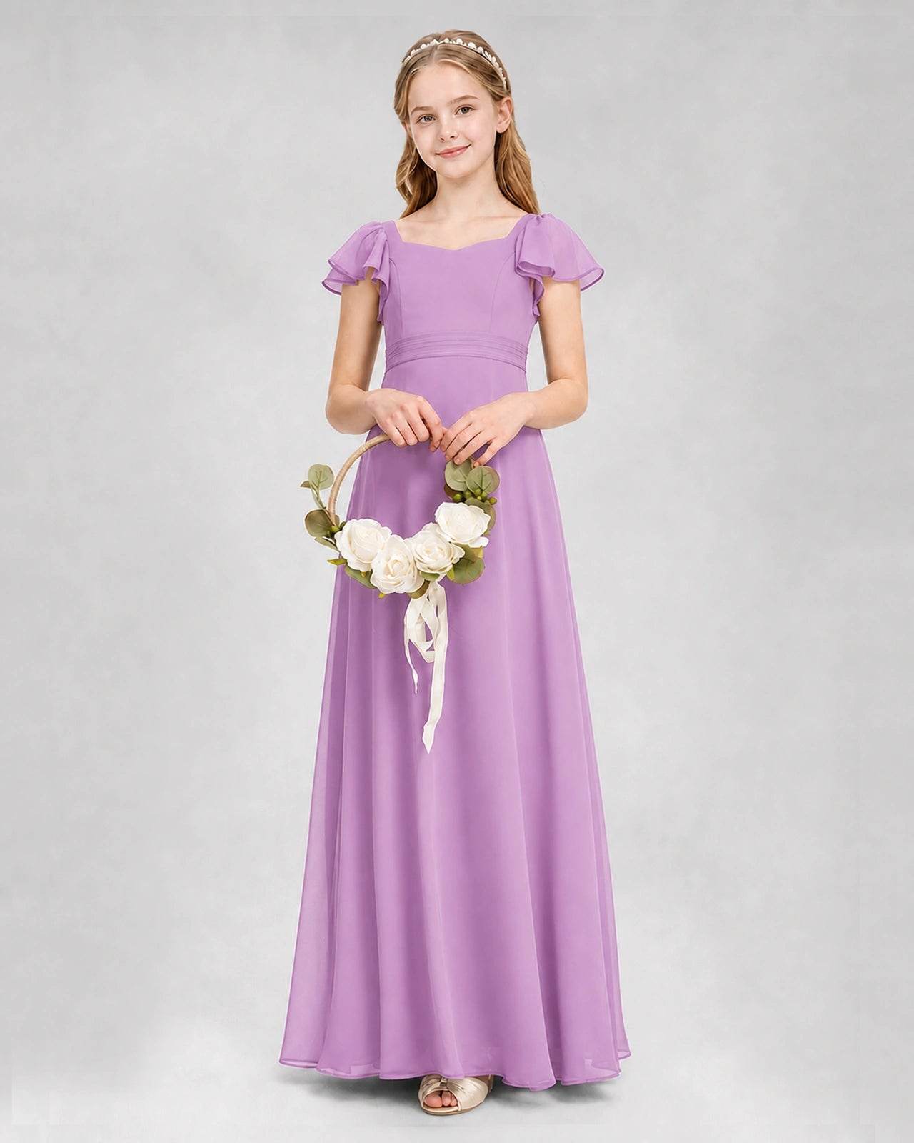 Dideyttawl Square Neck Flutter Sleeve Chiffon Junior Bridesmaid Dress