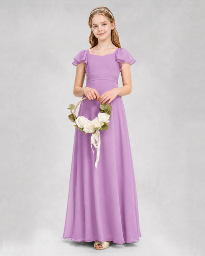 Dideyttawl Square Neck Flutter Sleeve Chiffon Junior Bridesmaid Dress