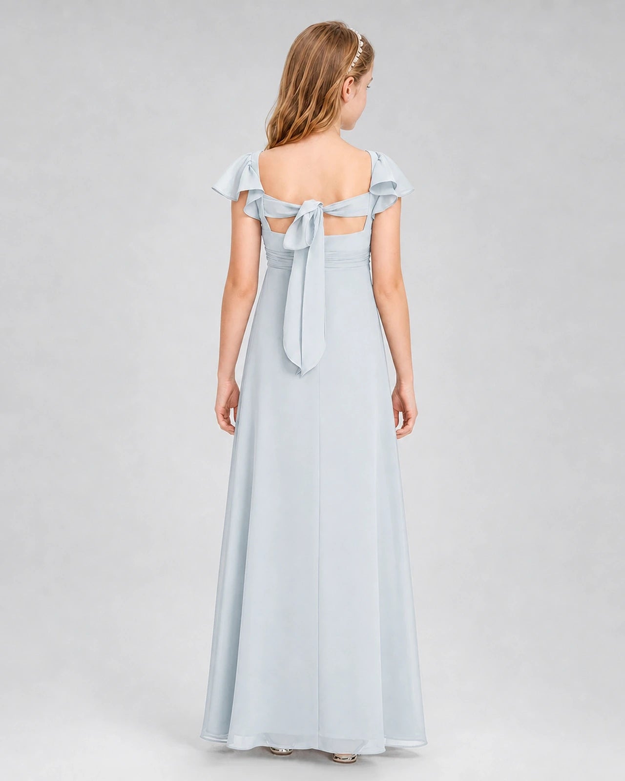 Dideyttawl Square Neck Flutter Sleeve Chiffon Junior Bridesmaid Dress