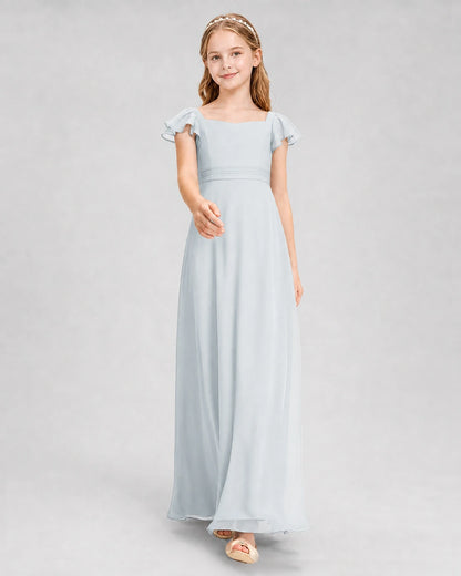 Dideyttawl Square Neck Flutter Sleeve Chiffon Junior Bridesmaid Dress