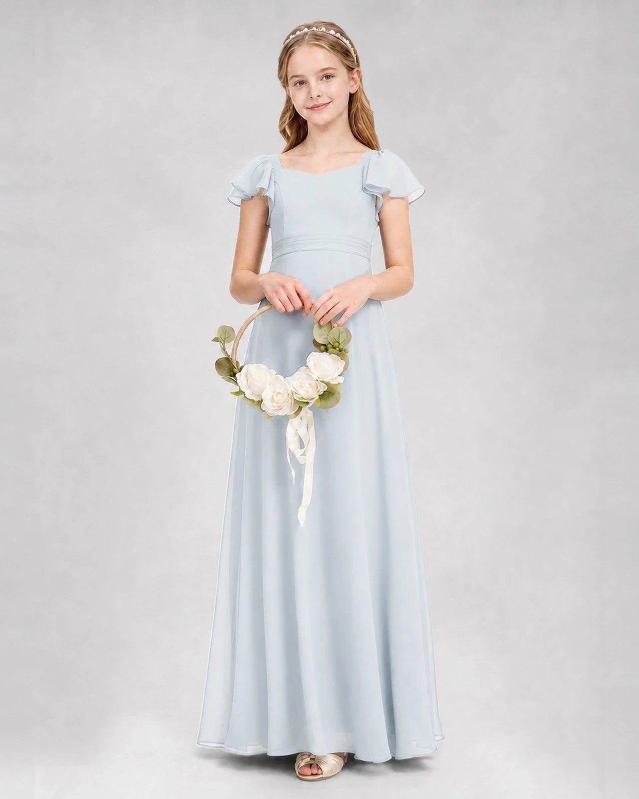 Dideyttawl Square Neck Flutter Sleeve Chiffon Junior Bridesmaid Dress