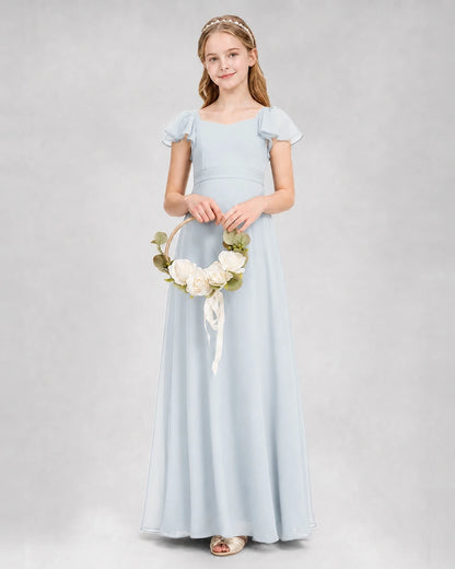 Dideyttawl Square Neck Flutter Sleeve Chiffon Junior Bridesmaid Dress