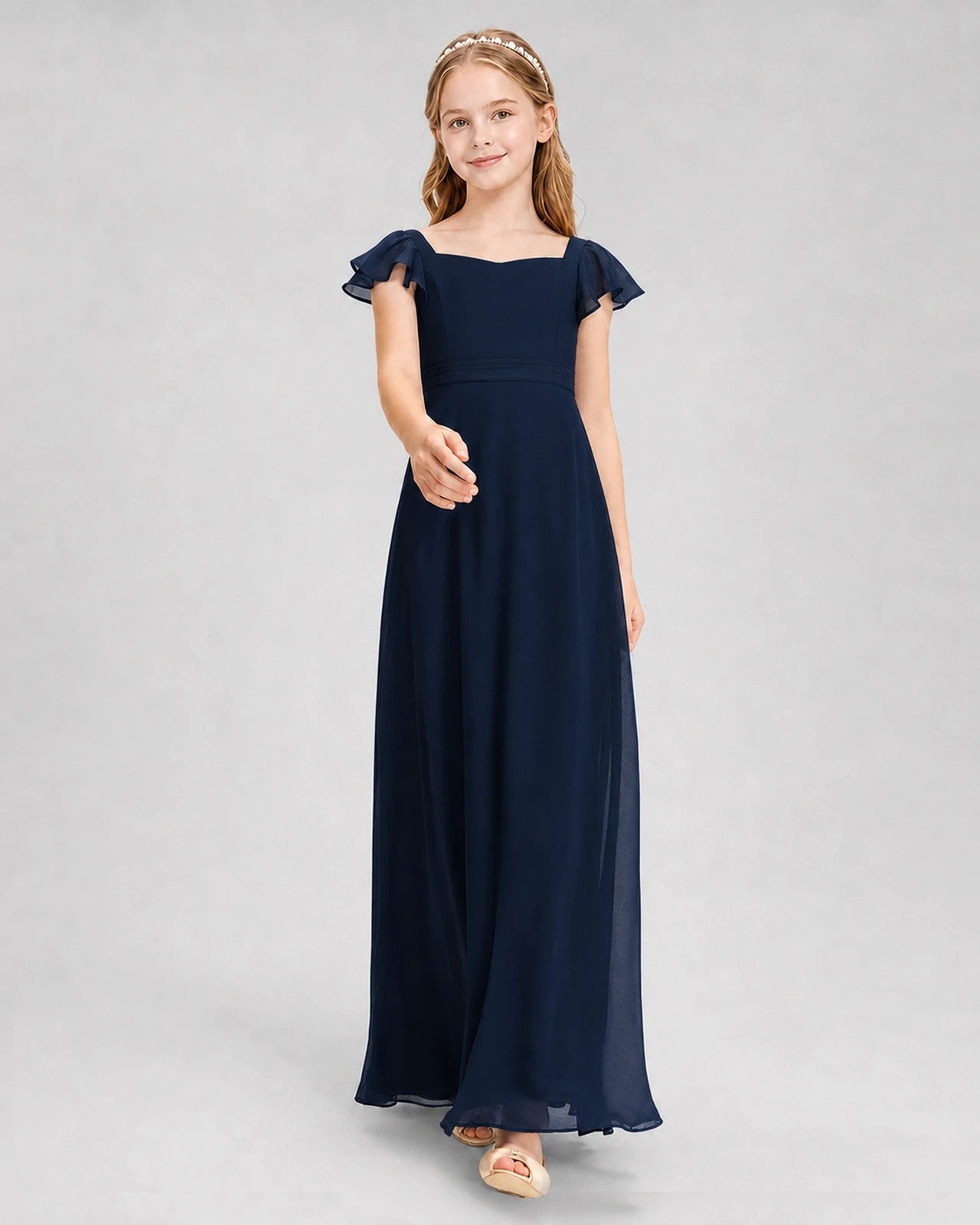 Dideyttawl Square Neck Flutter Sleeve Chiffon Junior Bridesmaid Dress
