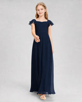 Navy Blue Chiffon Flutter Sleeve Junior Bridesmaid Dresses Front View