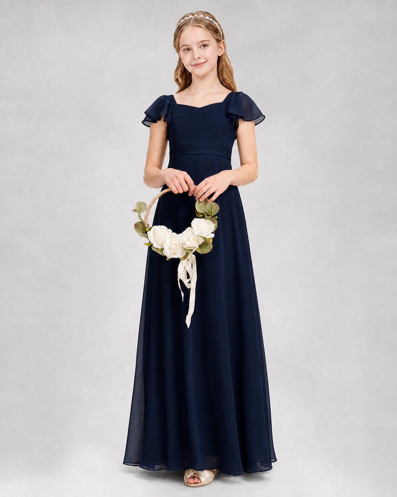 Dideyttawl Square Neck Flutter Sleeve Chiffon Junior Bridesmaid Dress