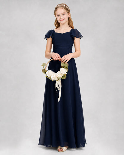 Dideyttawl Square Neck Flutter Sleeve Chiffon Junior Bridesmaid Dress