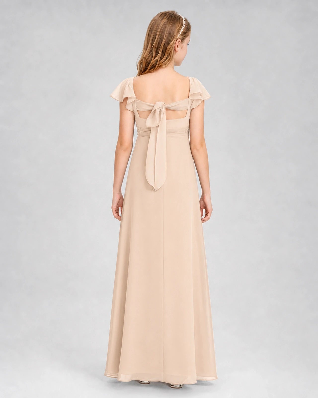 Dideyttawl Square Neck Flutter Sleeve Chiffon Junior Bridesmaid Dress