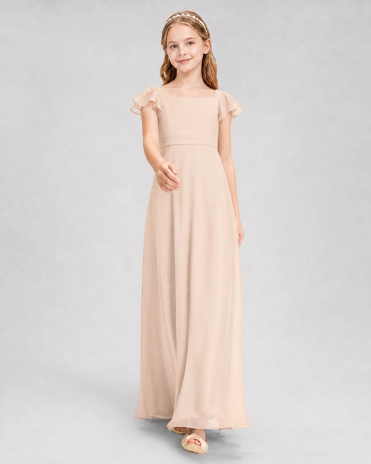 Dideyttawl Square Neck Flutter Sleeve Chiffon Junior Bridesmaid Dress