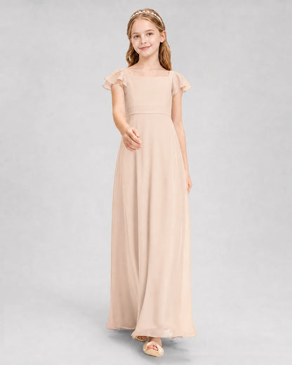 Dideyttawl Square Neck Flutter Sleeve Chiffon Junior Bridesmaid Dress