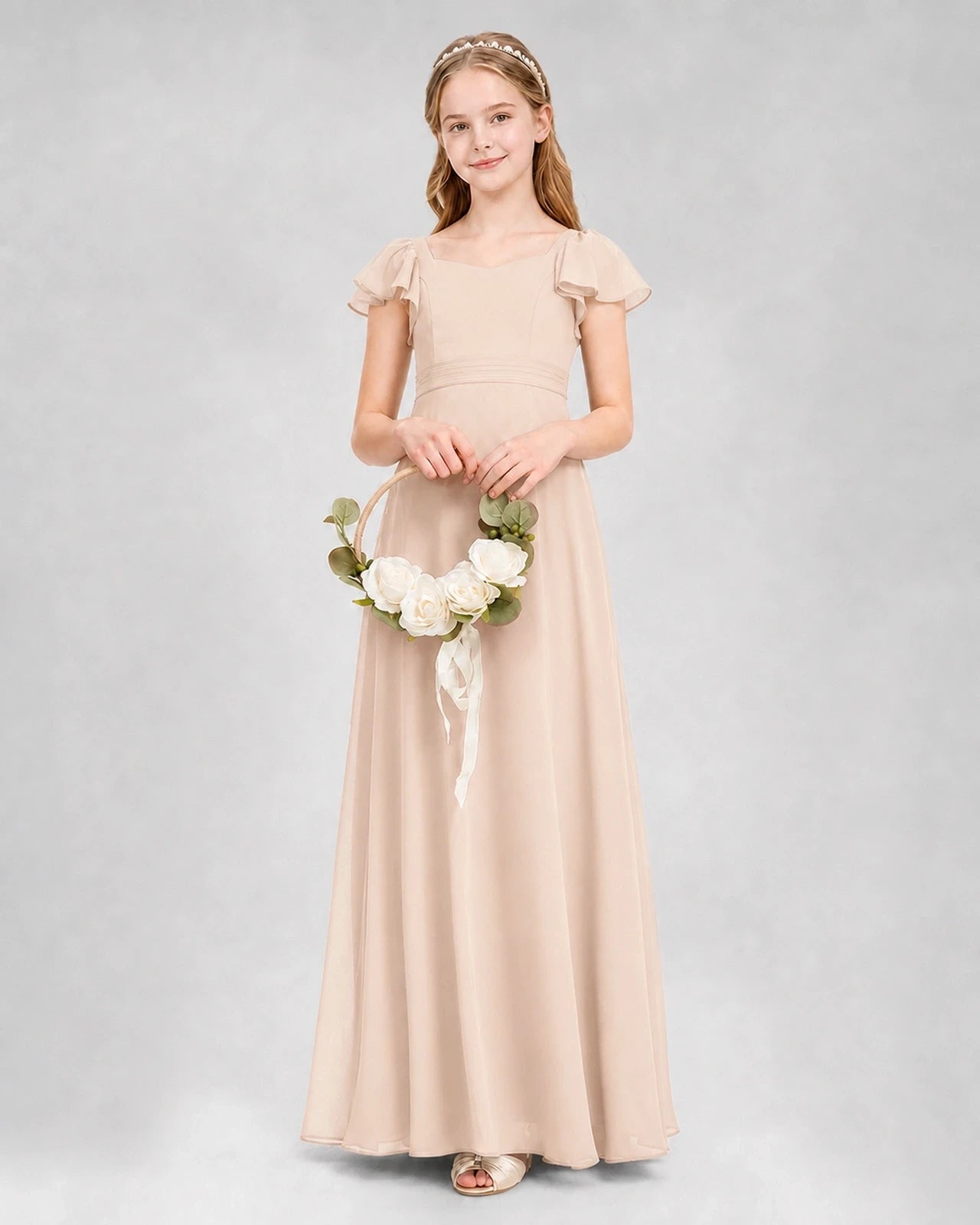 Dideyttawl Square Neck Flutter Sleeve Chiffon Junior Bridesmaid Dress